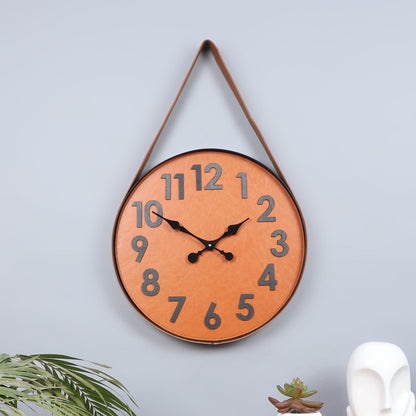 Leather & Metal Wall Clock In Brown