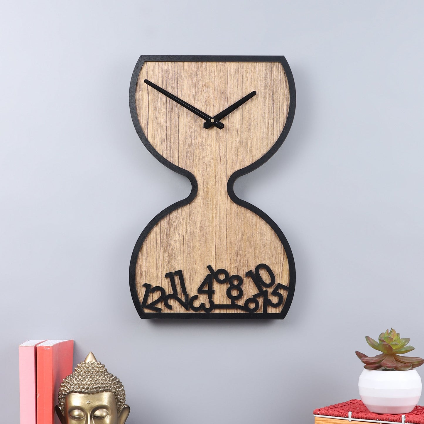 Wooden Hourglass Wall Clock with Black Accents