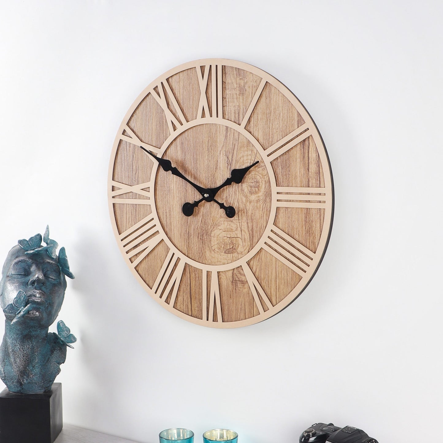 Farmhouse Wooden Wall Clock with Roman Numerals