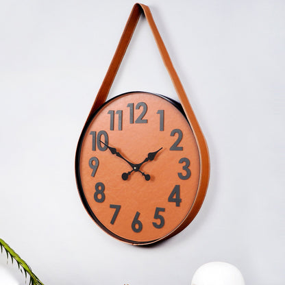 Leather & Metal Wall Clock In Brown