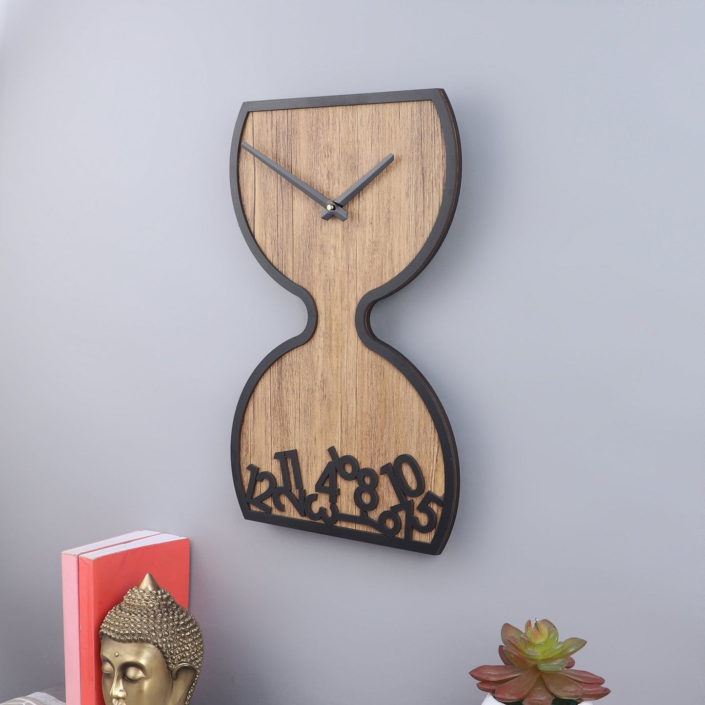 Wooden Hourglass Wall Clock with Black Accents