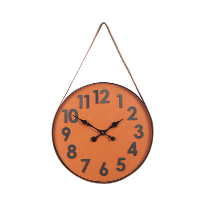 Leather & Metal Wall Clock In Brown