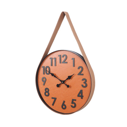 Leather & Metal Wall Clock In Brown