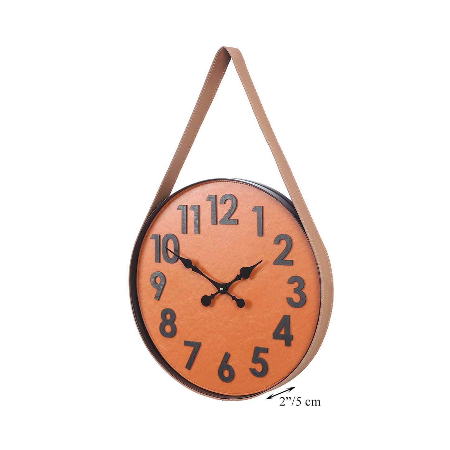 Leather & Metal Wall Clock In Brown